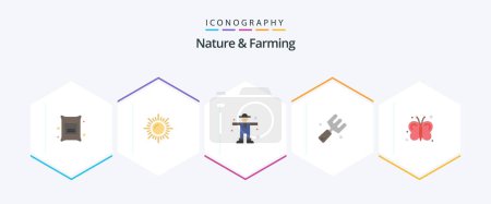 Téléchargez les illustrations : Nature And Farming 25 Flat icon pack including insects. butterfly. farming. fork. farm - en licence libre de droit
