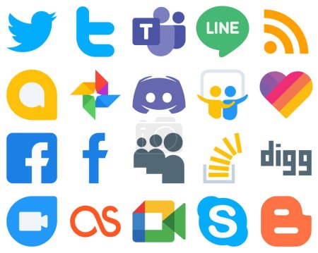 Illustration for 20 Sleek and Simple Flat Social Media Icons facebook. google photo and likee icons. Gradient Icon Set - Royalty Free Image