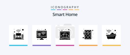 Téléchargez les illustrations : Smart Home Glyph 5 Icône Pack Y compris serrure. Intelligent. ferme intelligente. capteur. Intelligent. Icônes créatives Design - en licence libre de droit