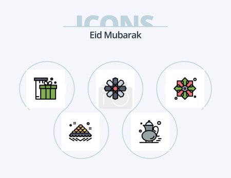 Téléchargez les illustrations : Eid Moubarak Line Filled Icon Pack 5 Icon Design. Bon sang. Coran. décoration. Aïd. décoration - en licence libre de droit