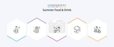 Téléchargez les illustrations : Summer Food and Drink 25 Line icon pack including grape. vegetable. carrot. mushroom. cooking - en licence libre de droit