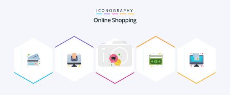 Téléchargez les illustrations : Online Shopping 25 Flat icon pack including cart. payment. notification. money. cash - en licence libre de droit