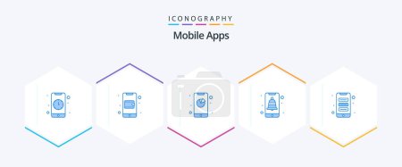 Téléchargez les illustrations : Mobile Apps 25 Pack icône bleue, y compris les applications. utilisateur. analytique. notification. app - en licence libre de droit