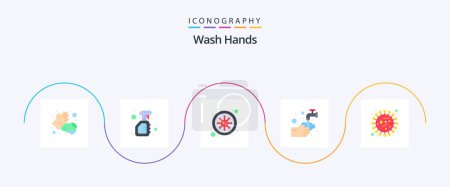 Téléchargez les illustrations : Wash Hands Flat 5 Icon Pack Including bubble. washing. virus. medical. blood - en licence libre de droit