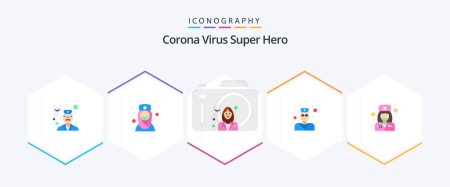 Ilustración de Corona Virus Super Hero 25 Pack icono plano incluyendo chica. estetoscopio. médico musulmán. Médico. médico - Imagen libre de derechos