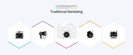 Illustration for Traditional Marketing 25 Glyph icon pack including business. pie. ad. market. protection - Royalty Free Image