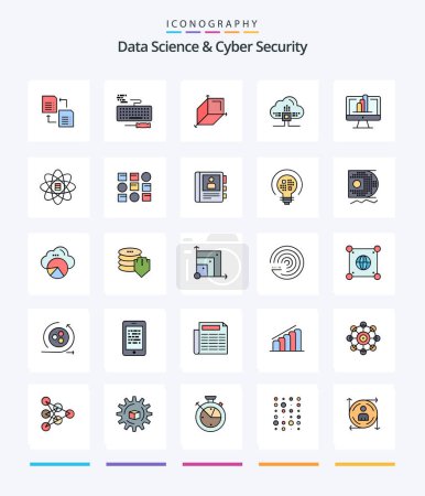 Illustration for Creative Data Science And Cyber Security 25 Line FIlled icon pack  Such As monitor. scince. 3d. cloud. based - Royalty Free Image