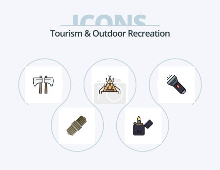 Ilustración de Línea de turismo y recreación al aire libre llenó el paquete de iconos 5 Diseño de iconos. taza. Viajar. Fuego. campamento. caravana - Imagen libre de derechos