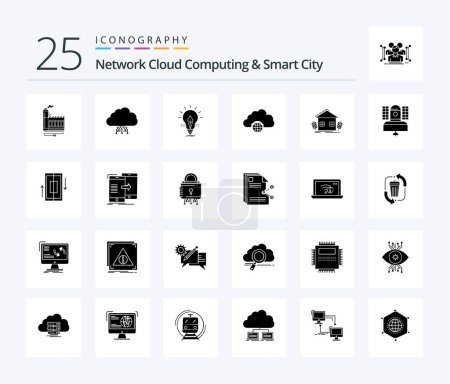 Ilustración de Network Cloud Computing y Smart City 25 Paquete de iconos de glifos sólidos, incluida la ciudad. Luz. datos. energía. idea - Imagen libre de derechos