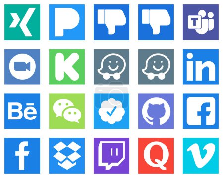 Illustration for 20 Popular Social Media Icons such as messenger; behance; meeting; professional and waze icons. Elegant and high resolution - Royalty Free Image