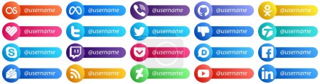 Illustration for Follow me Social Network Platform Card Style Icons 20 pack such as pocket. chat. likee. skype and facebook icons. Creative and professional - Royalty Free Image