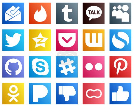 Illustration for 20 Essential Social Media Icons such as flickr. chat. tencent. skype and simple icons. Fully editable and professional - Royalty Free Image