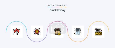 Téléchargez les illustrations : Black Friday Line Filled Flat Pack de 5 icônes incluant le vendredi noir. facture. vente. vendredi noir. boîte cadeau - en licence libre de droit