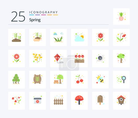 Téléchargez les illustrations : Spring 25 Flat Color icon pack including flower. weather. growing hand. sun. spring - en licence libre de droit