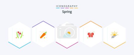 Ilustración de Spring 25 Pack de iconos planos con resorte incluido. Luz. sol. brillo. mosca - Imagen libre de derechos