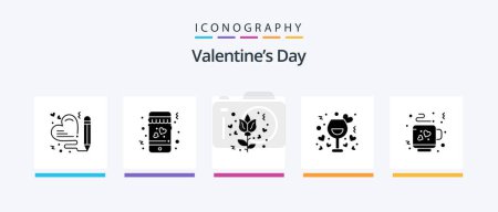 Téléchargez les illustrations : Valentines Day Glyph 5 Icon Pack Including tea. coffee. love. wine. night. Creative Icons Design - en licence libre de droit