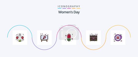 Téléchargez les illustrations : Womens Day Line Filled Flat 5 Icon Pack Including office. blossom. employee. bag - en licence libre de droit