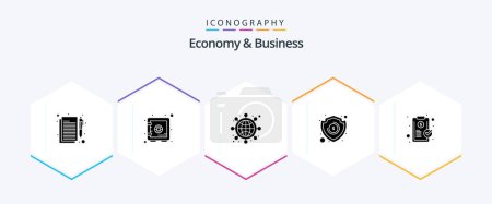 Illustration for Economy And Business 25 Glyph icon pack including clip. investment. network. shield. money - Royalty Free Image