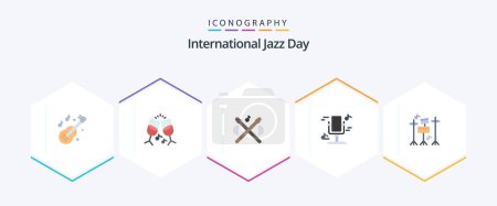 Téléchargez les illustrations : Journée internationale du jazz 25 Pack icône plat comprenant de la musique. tambour. instrument. son. microphone - en licence libre de droit