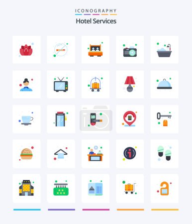 Illustration for Creative Hotel Services 25 Flat icon pack  Such As hotel. bath. bed. picture. camera - Royalty Free Image