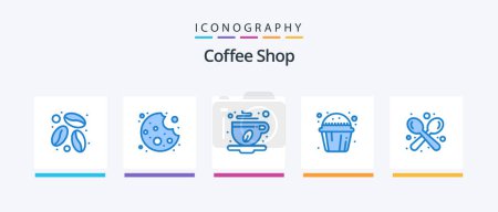 Téléchargez les illustrations : Coffee Shop Blue 5 Icon Pack Including spoon. fork. coffee. coffee. cup cake. Creative Icons Design - en licence libre de droit