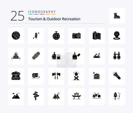 Téléchargez les illustrations : Tourism And Outdoor Recreation 25 Solid Glyph icon pack including map . photo. compass. picture. camera - en licence libre de droit