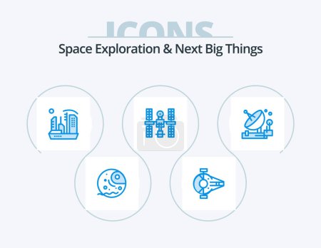 Ilustración de Exploración del espacio y lo siguiente Big Things Blue Icon Pack 5 Icon Design. satélite. orbital. nave espacial. complejo. cúpula - Imagen libre de derechos