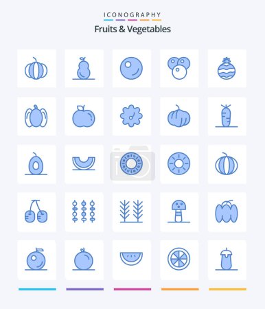 Téléchargez les illustrations : Fruits et légumes créatifs 25 Emballage icône bleue Tels que Patterson. pomme. la nourriture. légumes. produits alimentaires - en licence libre de droit