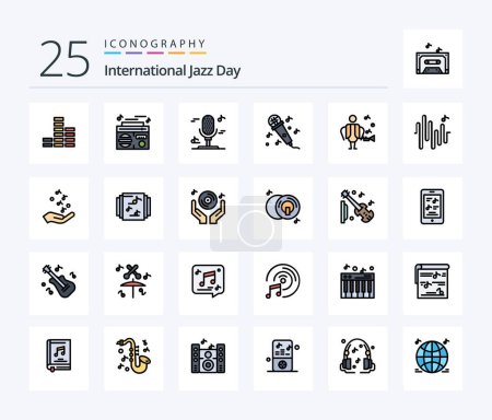 Téléchargez les illustrations : International Jazz Day 25 Line Pack icône rempli y compris la main. vague. micro. sinus. chanteur - en licence libre de droit