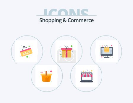 Ilustración de Shopping And Commerce Flat Icon Pack 5 Icon Design. surprise. present. store. heart gift. sale tag - Imagen libre de derechos