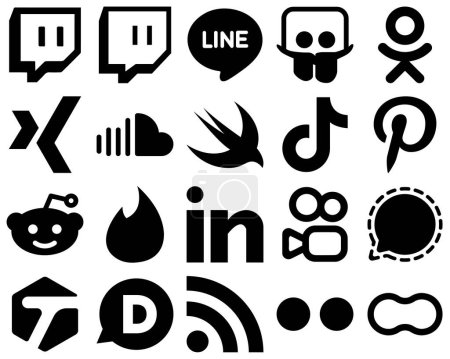 Illustration for 20 High-Resolution Black Solid Social Media Icons such as linkedin. reddit. swift. pinterest and china icons. Clean and professional - Royalty Free Image