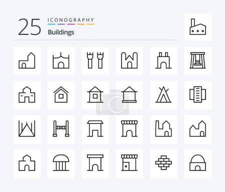 Téléchargez les illustrations : Buildings 25 Line icon pack including building. wigwam. building. tent. shack - en licence libre de droit