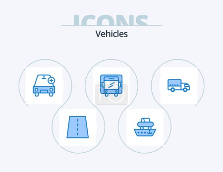 Téléchargez les illustrations : Vehicles Blue Icon Pack 5 Icon Design. truck. delivery. transport. vehicles. more - en licence libre de droit