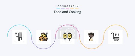Téléchargez les illustrations : Ligne alimentaire rempli plat pack de 5 icônes y compris. Louche. la nourriture. cuisine. jambon - en licence libre de droit