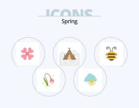 Téléchargez les illustrations : Spring Flat Icon Pack 5 Icon Design. beetle. spring. anemone. wigwam. camp - en licence libre de droit