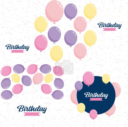 Téléchargez les illustrations : Happy Birthday in a playful. cartoon font with a background of presents and party favors - en licence libre de droit