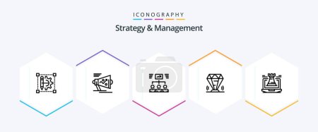Téléchargez les illustrations : Strategy And Management 25 Line icon pack including ruby. value. announce. diamond. task - en licence libre de droit