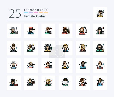 Téléchargez les illustrations : Female Avatar 25 Line Filled icon pack including pool. billiards. police. female. asian - en licence libre de droit