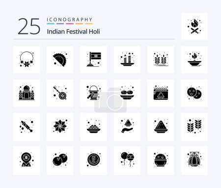 Téléchargez les illustrations : Pack d'icônes Holi 25 Solid Glyph incluant la lumière. Inde. Inde. la nourriture. lumière - en licence libre de droit