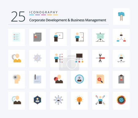 Illustration for Corporate Development And Business Management 25 Flat Color icon pack including room. event. about. business. personal - Royalty Free Image