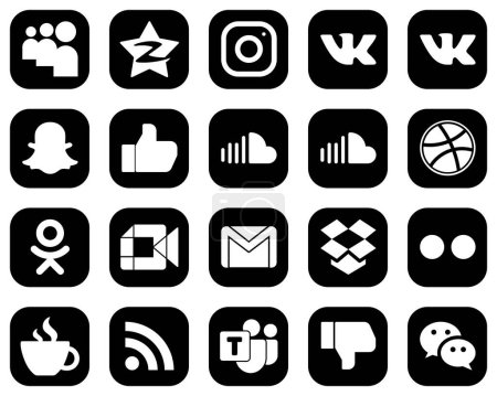 Illustration for 20 Unique White Social Media Icons on Black Background such as video. odnoklassniki. snapchat. dribbble and sound icons. Elegant and minimalist - Royalty Free Image