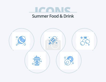 Téléchargez les illustrations : Summer Food and Drink Blue Icon Pack 5 Icon Design. food. cherry. candy. sweet. dessert - en licence libre de droit