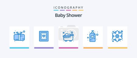Téléchargez les illustrations : Baby Shower Blue Pack de 5 icônes comprenant des fleurs colorées. lotion. tout-petit. shampooing pour bébé. Petit. Icônes créatives Design - en licence libre de droit