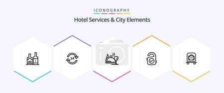 Téléchargez les illustrations : Services de l'hôtel et City Elements 25 Pack icône de ligne, y compris signe. vente. service. tag . produits alimentaires - en licence libre de droit