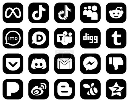 Ilustración de 20 Simple White Social Media Icons on Black Background such as tumblr. reddit and microsoft team icons. Fully customizable and professional - Imagen libre de derechos