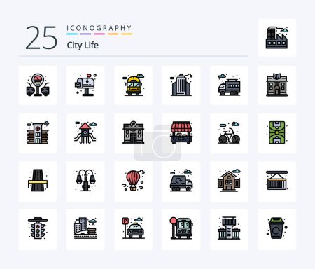 Téléchargez les illustrations : Pack icône rempli City Life 25 Line, y compris camion. la ville. la vie. bureau. vie - en licence libre de droit