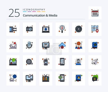 Ilustración de Communication And Media 25 Line Filled icon pack including disk. search. picture. manuals. mail - Imagen libre de derechos