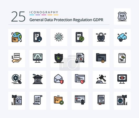 Téléchargez les illustrations : Gdpr 25 Line Filled icon pack including protection. data. gdpr. security. gdpr - en licence libre de droit