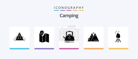 Téléchargez les illustrations : Camping Glyph 5 Icon Pack Incluant la nature. pot. Un plan. camper. Bouilloire. Icônes créatives Design - en licence libre de droit