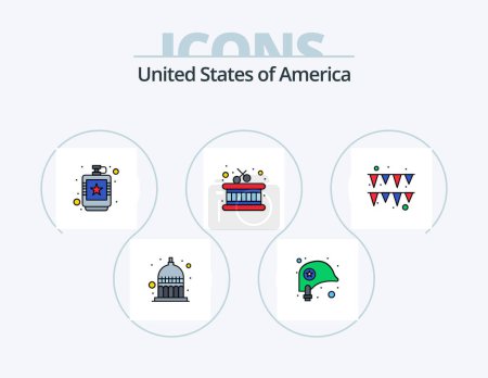Téléchargez les illustrations : Usa Line Filled Icon Pack 5 Icon Design. fries. chips. badge. magic hat. cap - en licence libre de droit